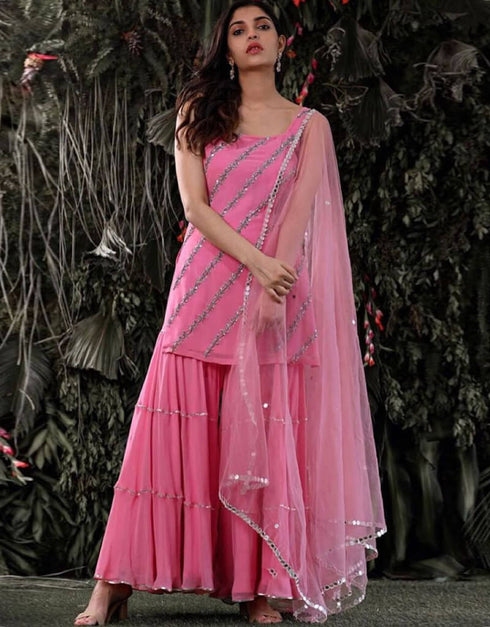 Rose Pink Sharara style Suits Georgette Salwar Kameez in Embroidery, Sequins & Lace Work