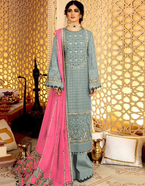 Grey Palazzo style Suit Faux Georgette Salwar Kameez in Embroidery, Stone & Lace Work