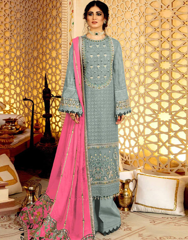 Grey Palazzo style Suit Faux Georgette Salwar Kameez in Embroidery, Stone & Lace Work