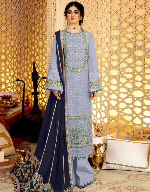 Light Blue Palazzo style Suit Faux Georgette Salwar Kameez in Embroidery, Stone & Lace Work