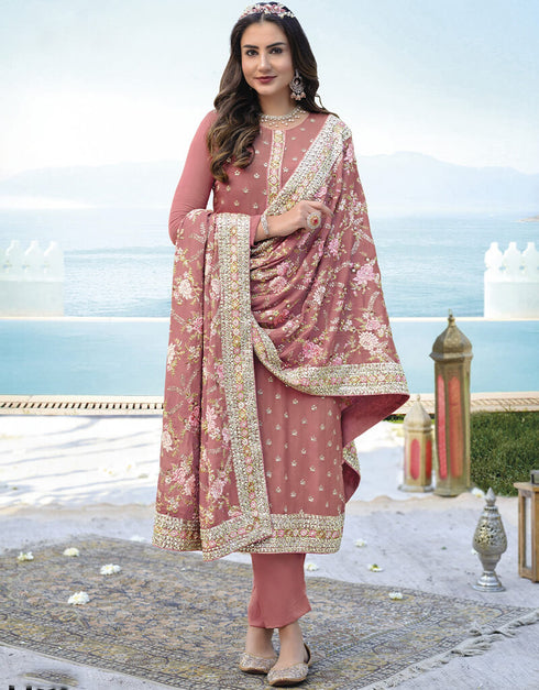 Brown Pant style Suit Faux Georgette Salwar Kameez in Embroidery, Mirror & Lace Work