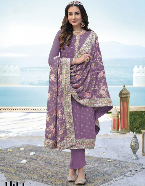 Light purple Pant style Suit Faux Georgette Salwar Kameez in Embroidery, Mirror & Lace Work