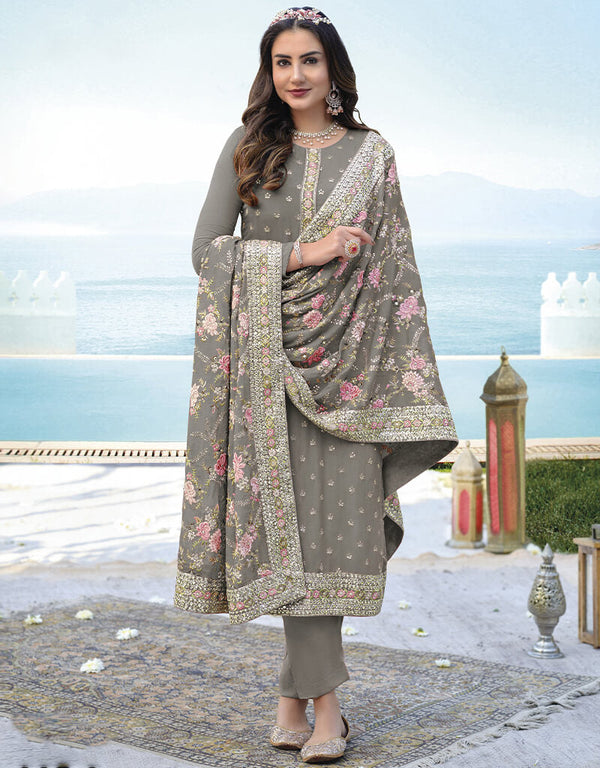 Greenish Grey Pant style Suit Faux Georgette Salwar Kameez in Embroidery, Mirror & Lace Work