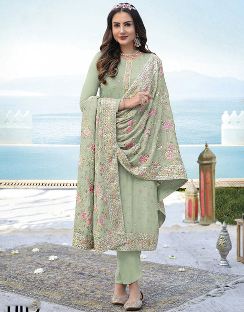 Light Olive Pant style Suit Faux Georgette Salwar Kameez in Embroidery, Mirror & Lace Work
