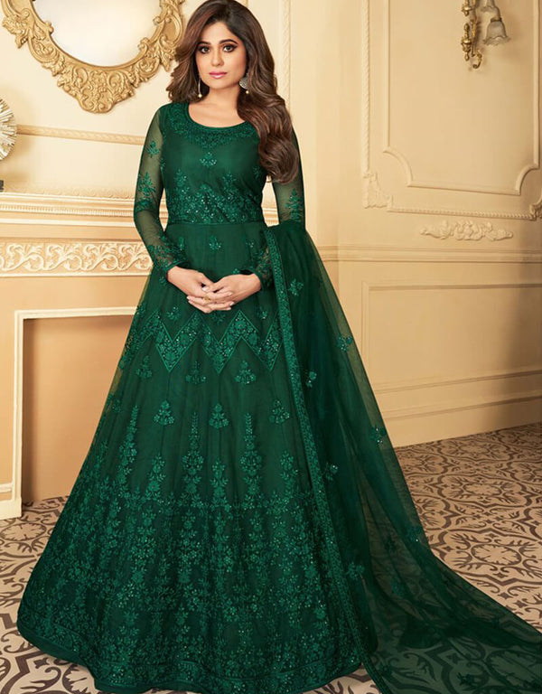 Green Anarkali style Suits Butterfly Net Salwar Kameez in Embroidery, Daimonds & Lace Work