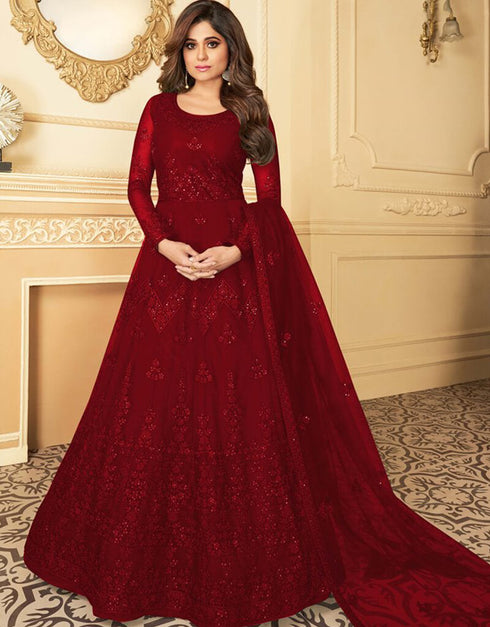 Red Anarkali style Suits Butterfly Net Salwar Kameez in Embroidery, Daimonds & Lace Work