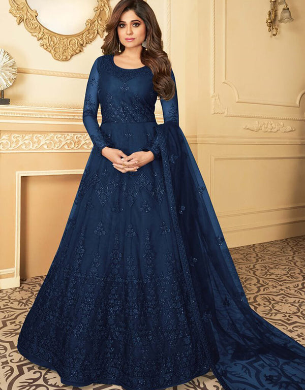 Blue Anarkali style Suits Butterfly Net Salwar Kameez in Embroidery, Daimonds & Lace Work