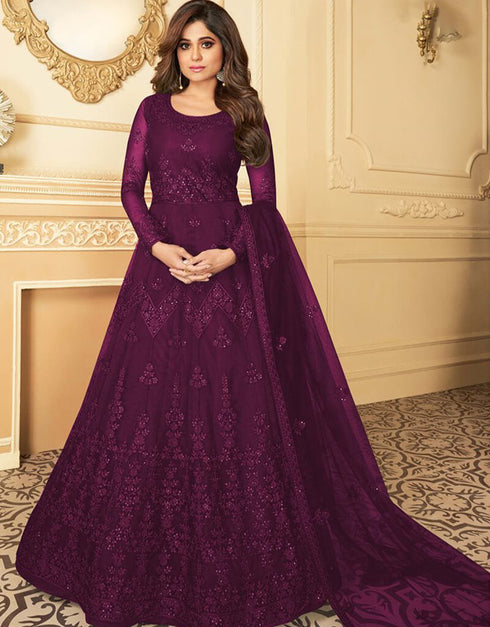 Purple Anarkali style Suits Butterfly Net Salwar Kameez in Embroidery, Daimonds & Lace Work
