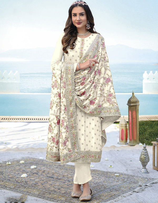 Cream Pant style Suit Faux Georgette Salwar Kameez in Embroidery, Mirror & Lace Work