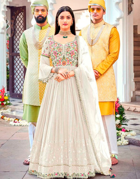White Anarkali style Suits Faux Georgette Salwar Kameez in Embroidery, Sequins & Lace Work