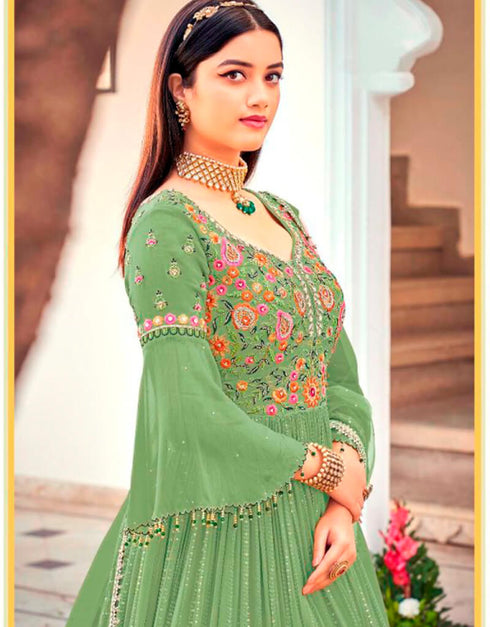 Green Anarkali style Suits Faux Georgette Salwar Kameez in Embroidery, Sequins & Lace Work Closure View