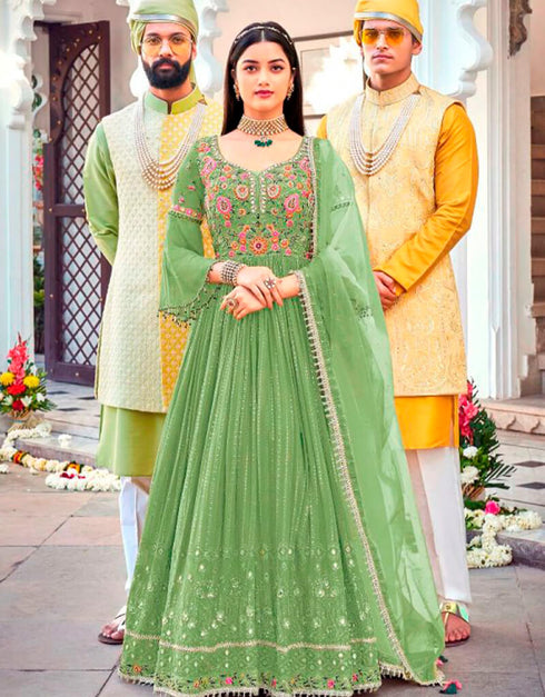Green Anarkali style Suits Faux Georgette Salwar Kameez in Embroidery, Sequins & Lace Work