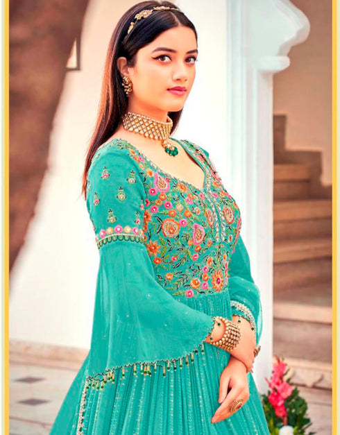 Blue Anarkali style Suits Faux Georgette Salwar Kameez in Embroidery, Sequins & Lace Work Closure View