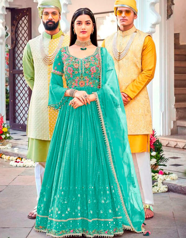 Blue Anarkali style Suits Faux Georgette Salwar Kameez in Embroidery, Sequins & Lace Work