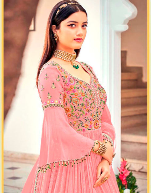 Pink Anarkali style Suits Faux Georgette Salwar Kameez in Embroidery, Sequins & Lace Work Closure View
