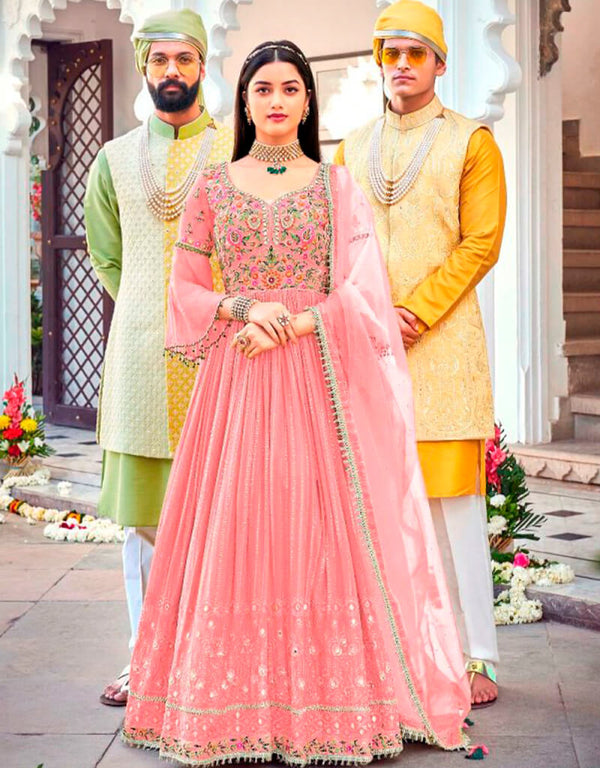 Pink Anarkali style Suits Faux Georgette Salwar Kameez in Embroidery, Sequins & Lace Work