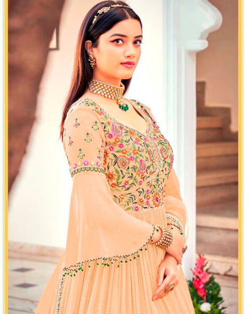 Orange Anarkali style Suits Faux Georgette Salwar Kameez in Embroidery, Sequins & Lace Work Closure View