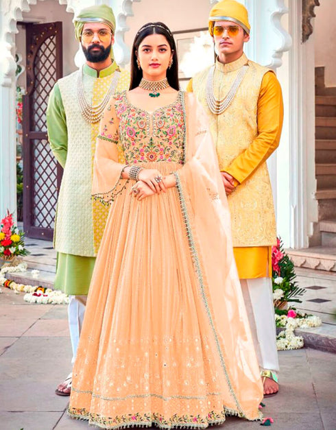 Orange Anarkali style Suits Faux Georgette Salwar Kameez in Embroidery, Sequins & Lace Work