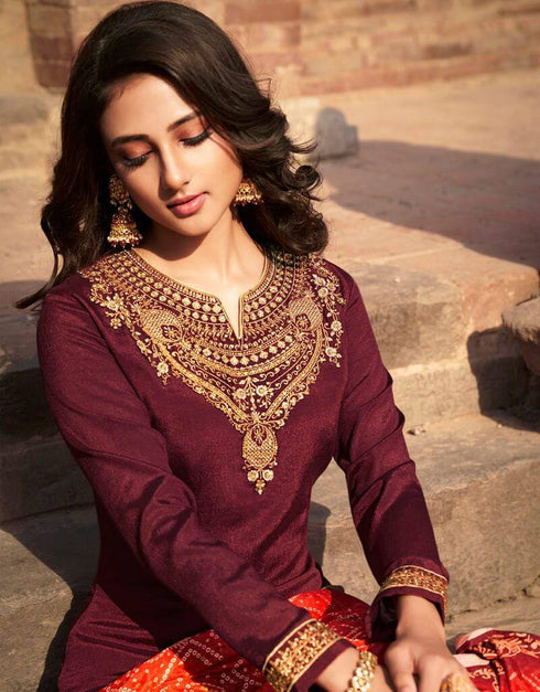 Chinon Chiffon Maroon Suit Suit Palazzo Bottom