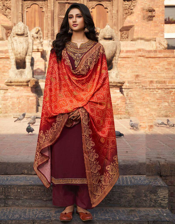 Chinon Chiffon Maroon Suit Suit Palazzo Bottom