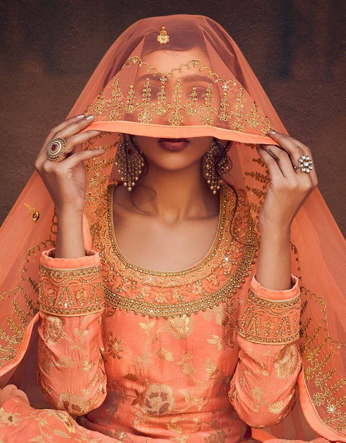 Pure Dola Jacquard Orange Dress Suit Lehenga Bottom