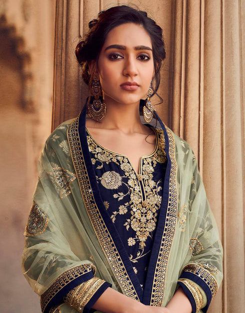 Pure Dola Jacquard Navy Blue Dress Suit Lehenga Bottom