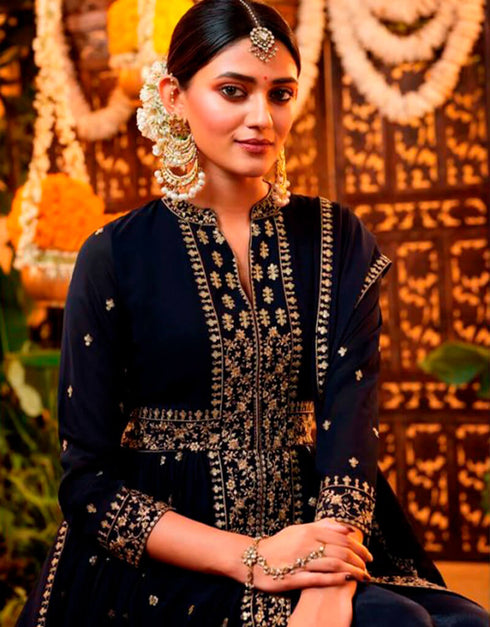 Royal Blue Pant style Suits Georgette Salwar Kameez in Swarovski Embroidery & Lace Work Closure View