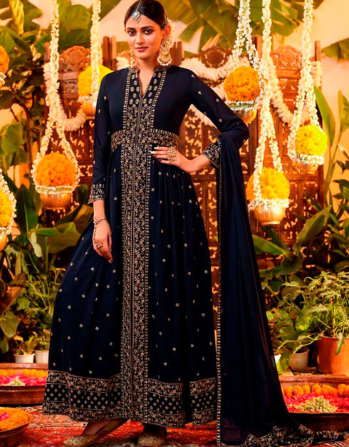 Royal Blue Pant style Suits Georgette Salwar Kameez in Swarovski Embroidery & Lace Work