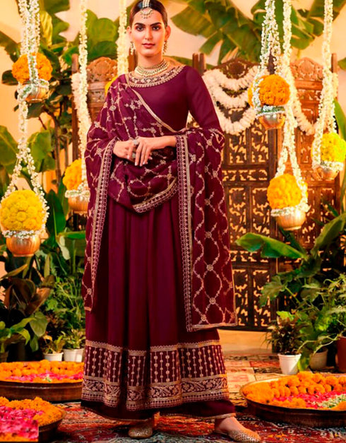 Dark Purple Pant style Suits Georgette Salwar Kameez in Swarovski Embroidery & Lace Work