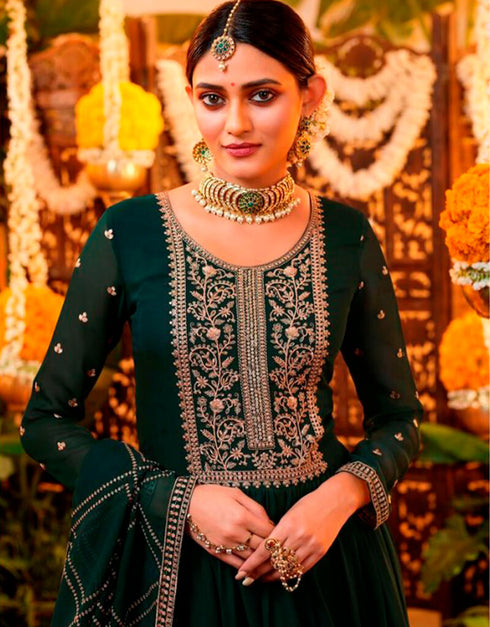 Dark Green Pant style Suits Georgette Salwar Kameez in Swarovski Embroidery & Lace Work Closure View