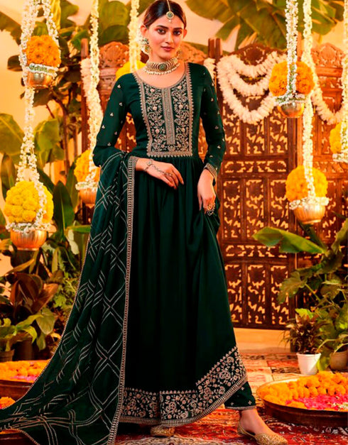 Dark Green Pant style Suits Georgette Salwar Kameez in Swarovski Embroidery & Lace Work