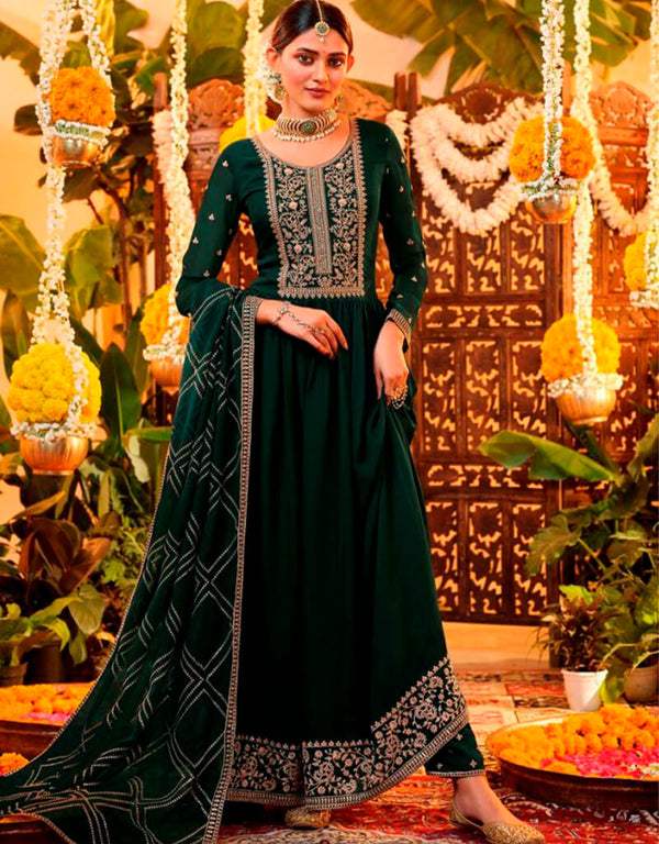 Dark Green Pant style Suits Georgette Salwar Kameez in Swarovski Embroidery & Lace Work