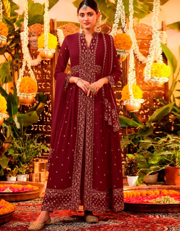 Cream Pant style Suits Georgette Salwar Kameez in Swarovski Embroidery & Lace Work