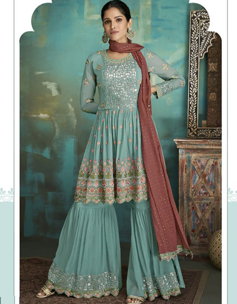 Black Sharara style Suits Faux Georgette Salwar Kameez in Embroidery, Foil Paper & Lace Work