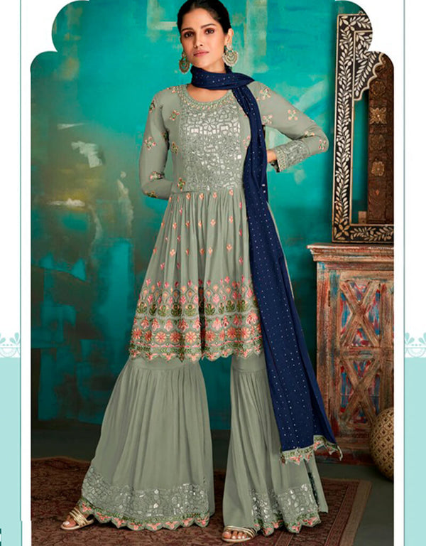 Royal Blue Sharara style Suits Faux Georgette Salwar Kameez in Embroidery, Foil Paper & Lace Work