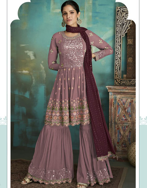 Wine Sharara style Suits Faux Georgette Salwar Kameez in Embroidery, Foil Paper & Lace Work