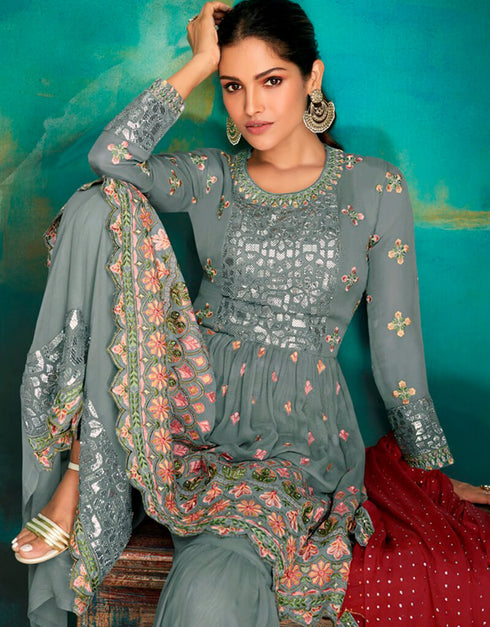 Vibrant Green Sharara style Suits Faux Georgette Salwar Kameez in Embroidery, Foil Paper & Lace Work Closure View