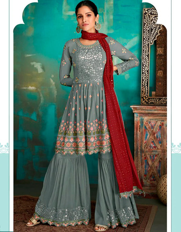 Vibrant Green Sharara style Suits Faux Georgette Salwar Kameez in Embroidery, Foil Paper & Lace Work