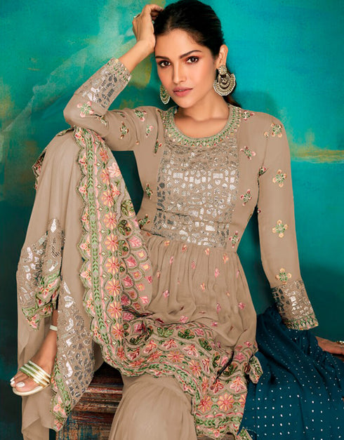 Yellow Sharara style Suits Faux Georgette Salwar Kameez in Embroidery, Foil Paper & Lace Work Closure View