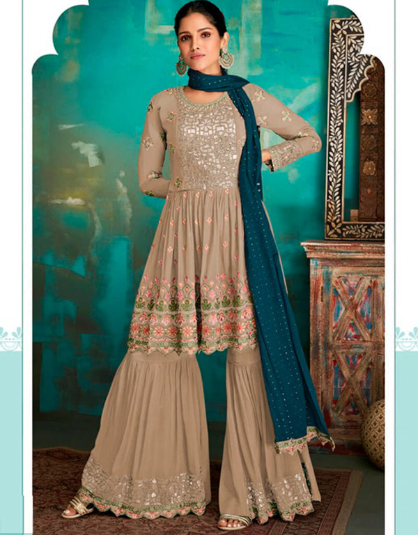 Yellow Sharara style Suits Faux Georgette Salwar Kameez in Embroidery, Foil Paper & Lace Work