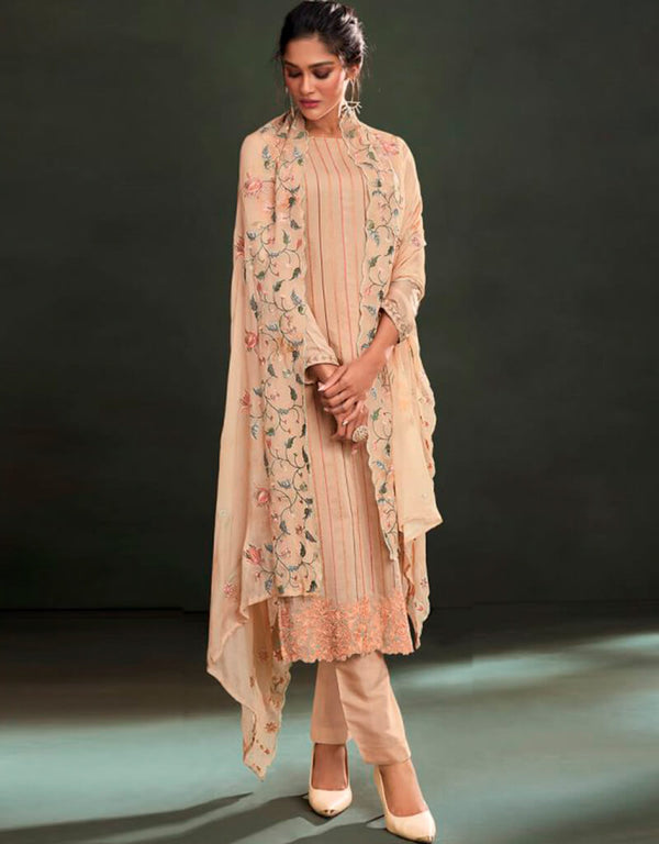 Orange Pant style Suit Pure Maslin Salwar Kameez in Embroidery, Digital Print & Lace Work