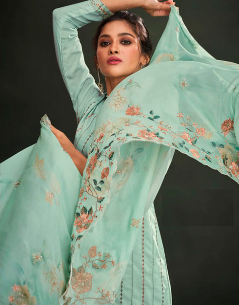 Green Pant style Suit Pure Maslin Salwar Kameez in Embroidery, Digital Print & Lace Work Closure View