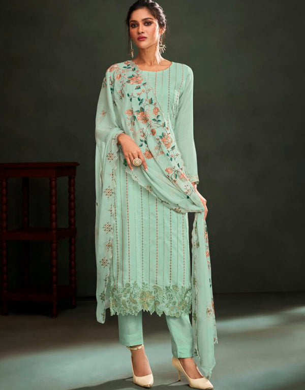 Green Pant style Suit Pure Maslin Salwar Kameez in Embroidery, Digital Print & Lace Work