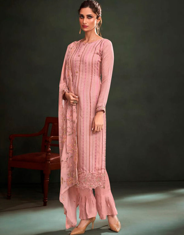 Pink Pant style Suit Pure Maslin Salwar Kameez in Embroidery, Digital Print & Lace Work