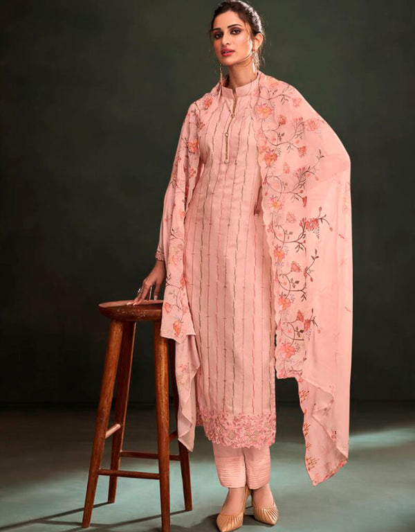 Pink Pant style Suit Pure Maslin Salwar Kameez in Embroidery, Digital Print & Lace Work