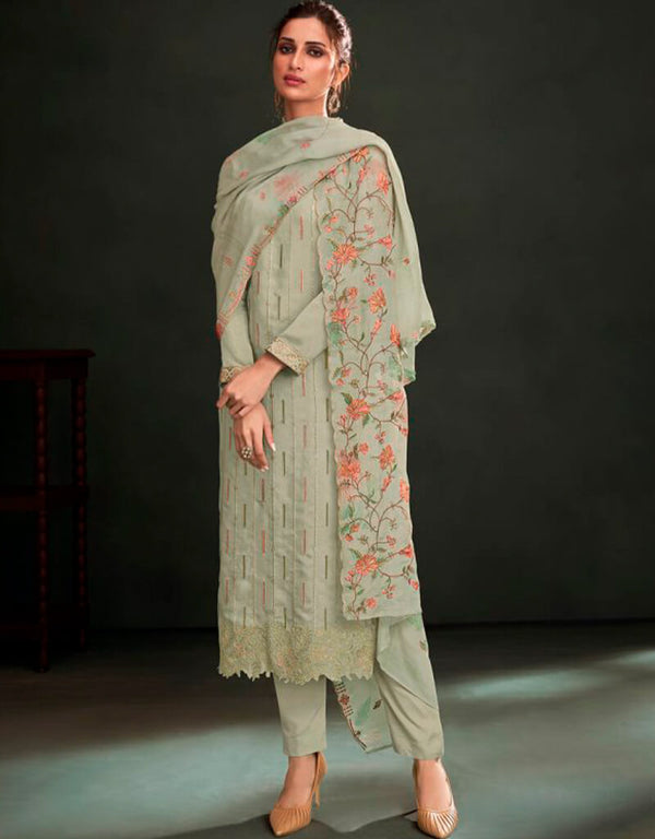 Green Pant style Suit Pure Maslin Salwar Kameez in Embroidery, Digital Print & Lace Work