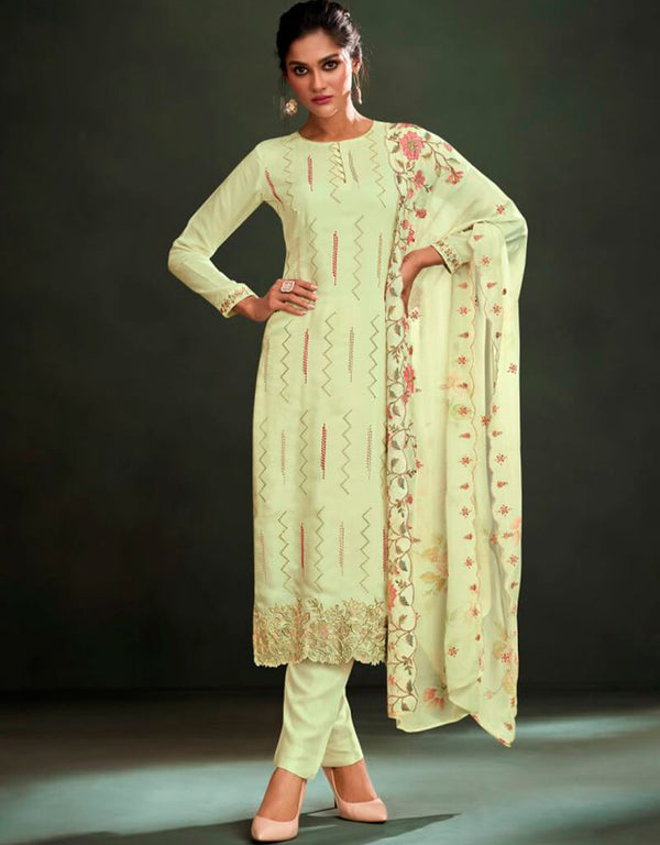Yellow Pant style Suit Pure Maslin Salwar Kameez in Embroidery, Digital Print & Lace Work
