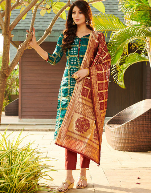 Green Bandhani Silk Blend Pant Salwar Suit