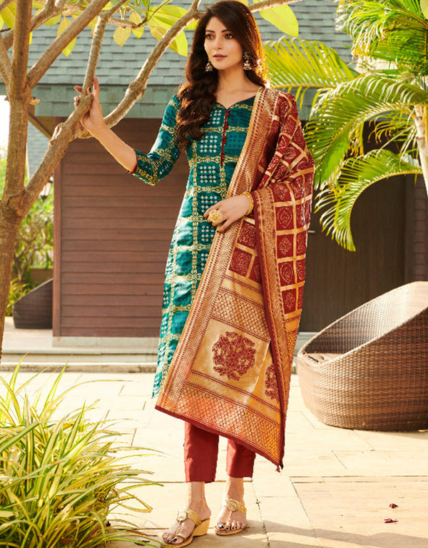 Green Bandhani Silk Blend Pant Salwar Suit