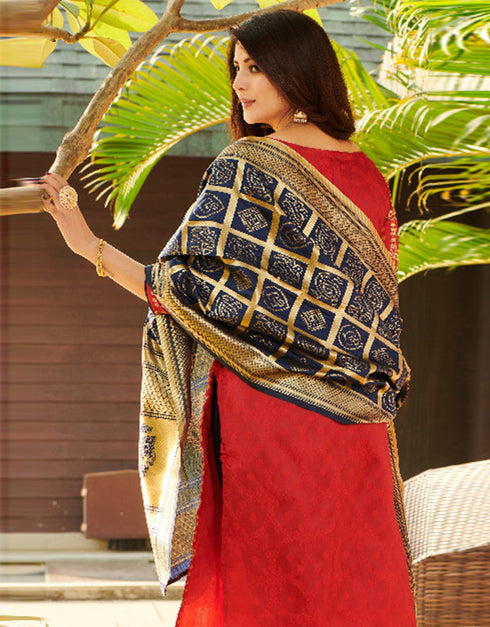 Red Bandhani Silk Blend Pant Salwar Suit Closure View